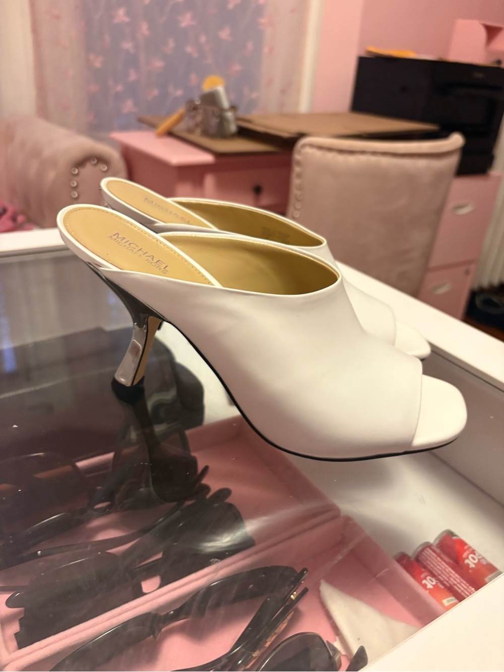 MICHAEL Michael Kors White Open-Toe Mule Heels with Metallic Heel